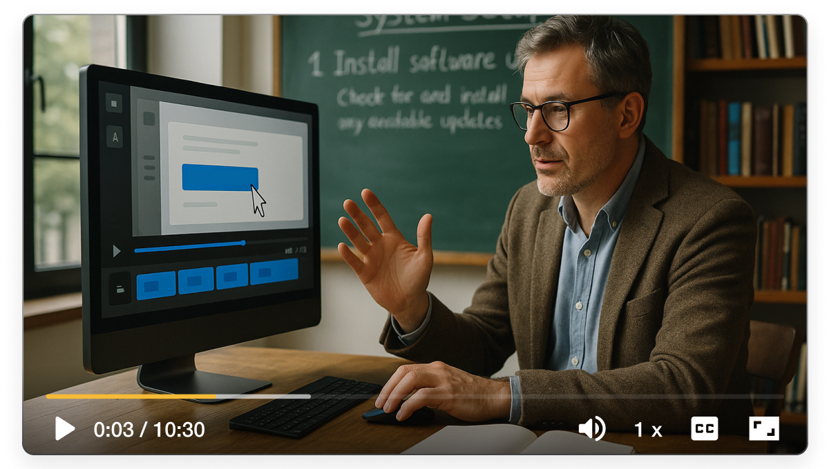 Summarized lecture video creator in Visla showing a professor transforming a long lecture into a short, captioned summary video for students